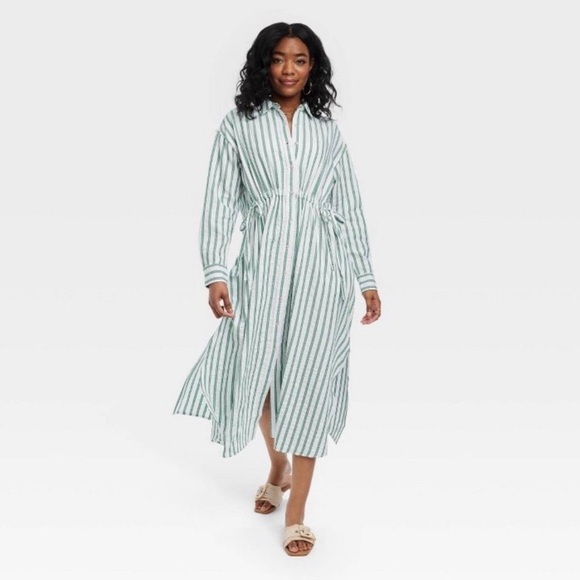 COPY - Striped Long Sleeved Green and White Tie Maxi Dress - Picture 8 of 10